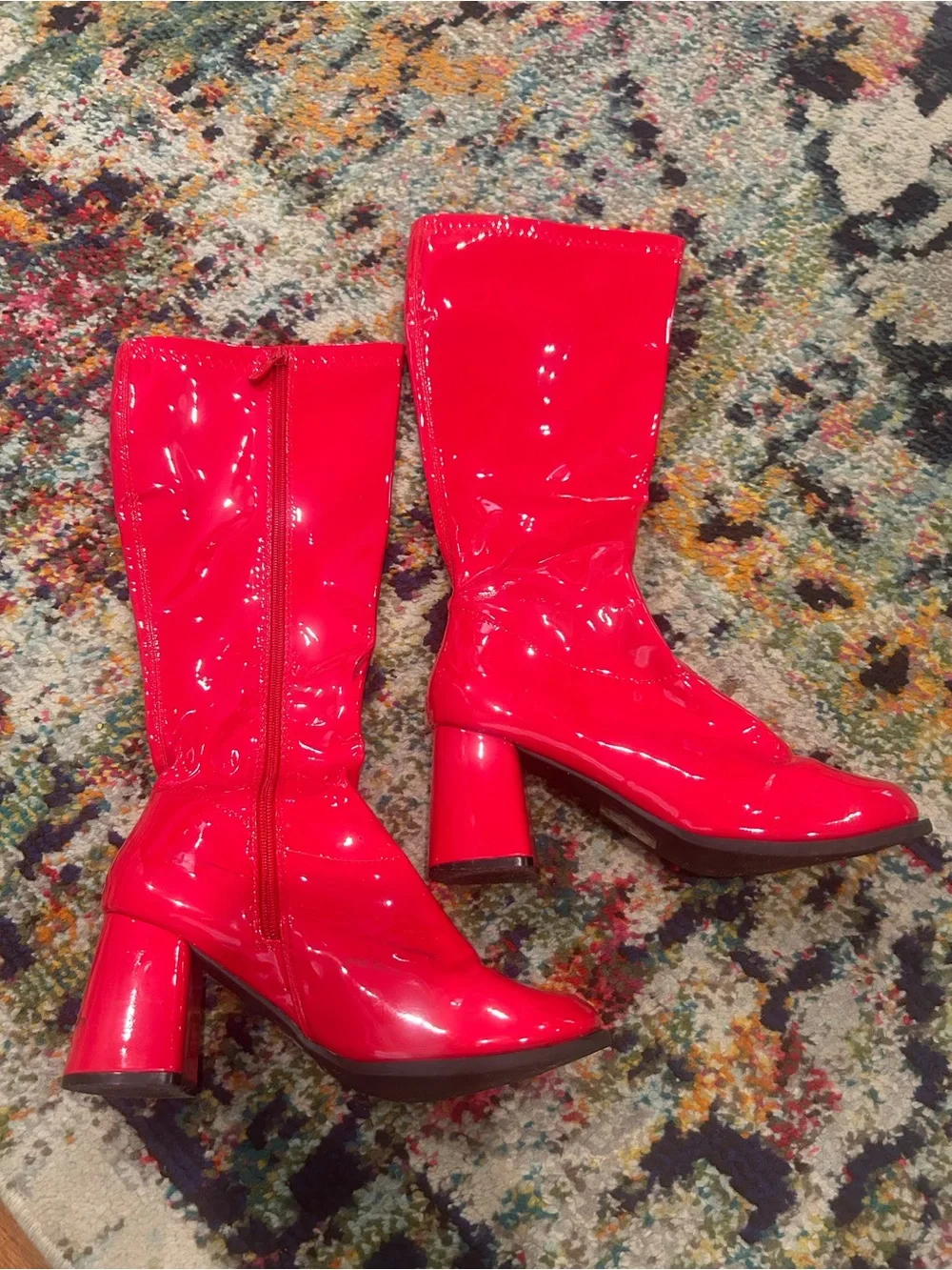 Red Patent Knee-High Block Heel Boots